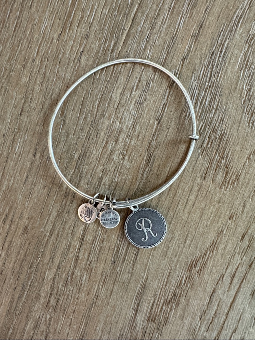 Alex & Ani silver R charm bracelet